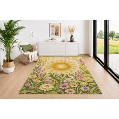 "Ultra Lightweight" 5'x7' Sunflower Garden Area Rug for Living Room, Soft Low Pile Indoor Rug with Non-Slip Backing, Botanical Carpet for Bedroom, Dining Room, Office, Yellow Green