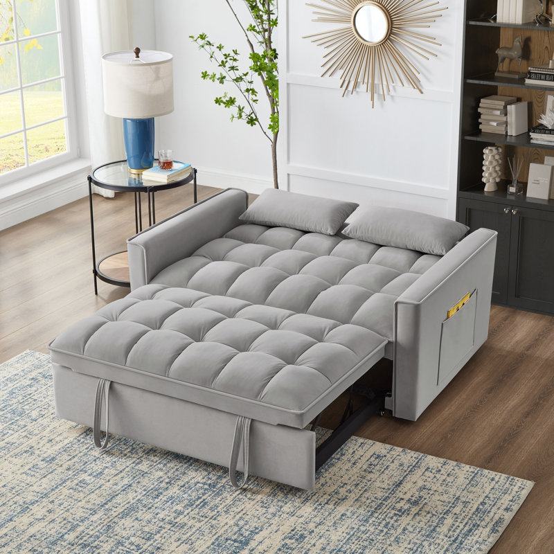 4 In1 Loveseat Sofa Bed With Armrests & Storage Pockets, Multi-Function Tufted Pull-Out Sofa Bed With Adjustable Backrest And Pillows, Convertible Loveseat Sofa Couch