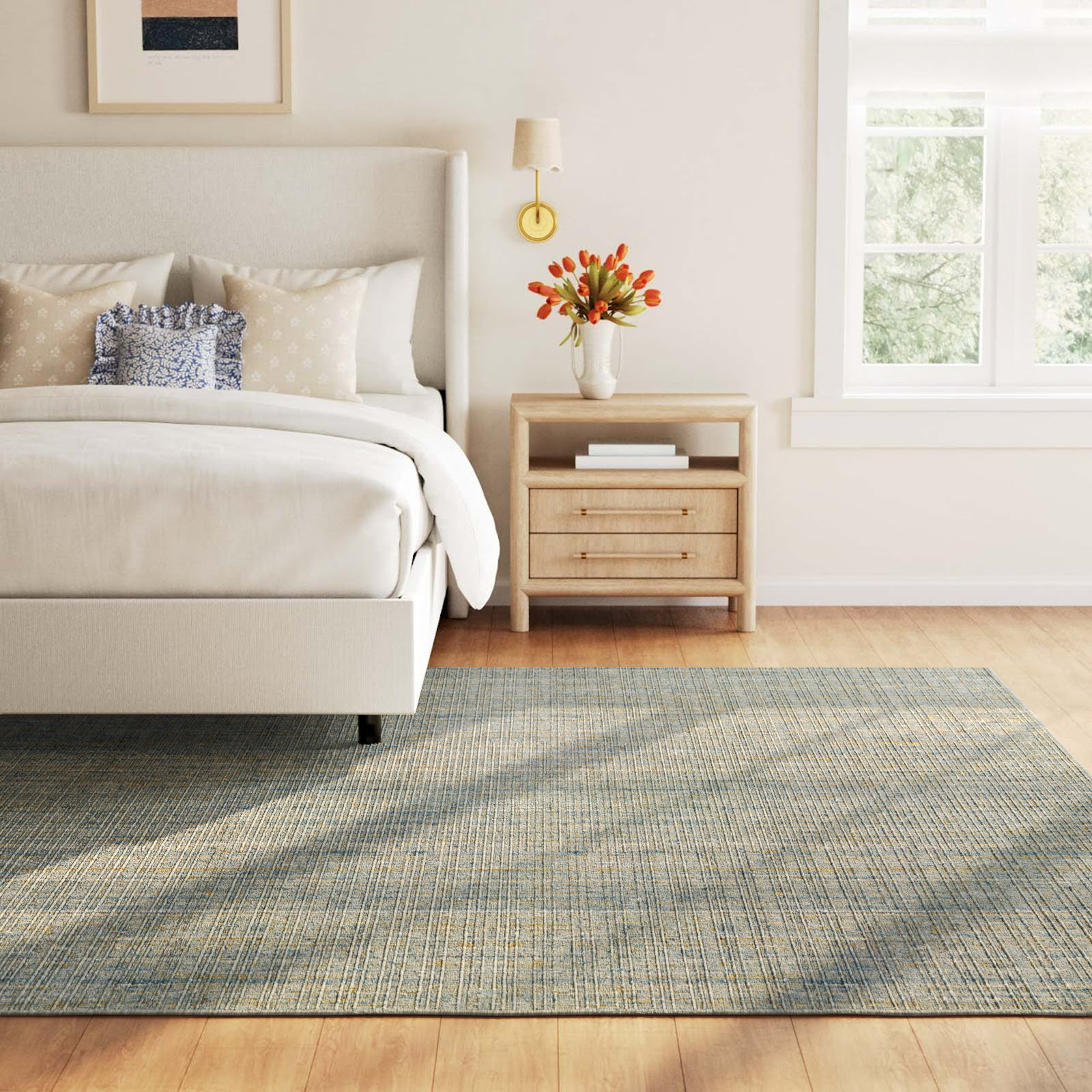 Blue Gold Hand-Woven Striped Rug, Rectangle 6' x 9'