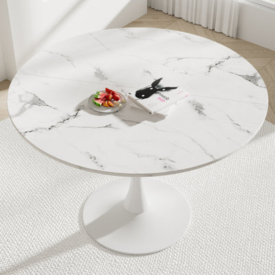 Marble Dining Table Round Kitchen Pedestal Table, 42.1" Tulip Table, Kitchen & Living Room Table for 4-6 People, Modern MDF Top & Pedestal Base