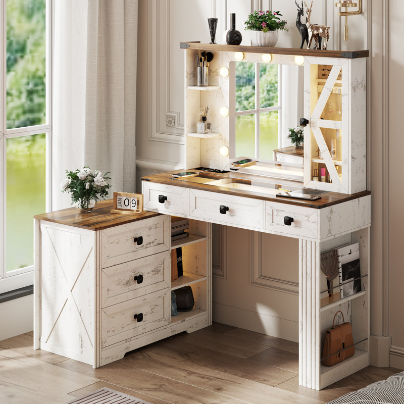 Makeup Vanity Desk With Storage Cabinet and Power Outlet, Brown/White