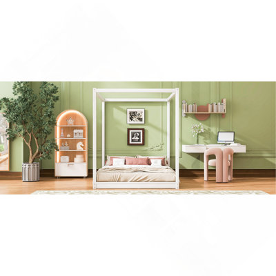 Queen Size Wooden Canopy Platform Bed Frame with Headboard and Sturdy Support Legs, White