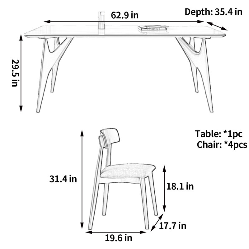 Table et chaise de salle à manger décontractée pour la maison, H 29,5 po x L 62,9 po x l 35,4 po