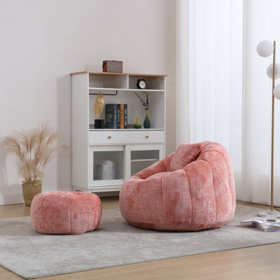 Fauteuil à billes rose de loisirs simple, coussin de haute qualité, tissu indépendant et chenille, mousse à mémoire de forme véritable, sac rond facile à installer sans assemblage