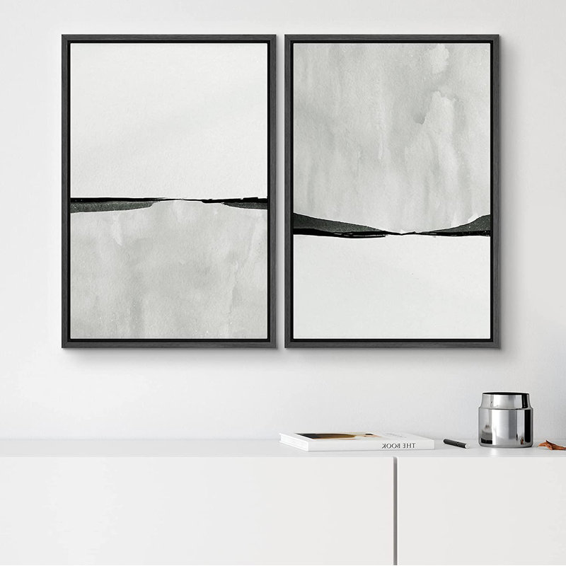 "Abstract Landscape Neutral Minimalist", art mural encadré sur toile, 2 pièces, reproduction d'art, H 36 po x l 48 po, Noir