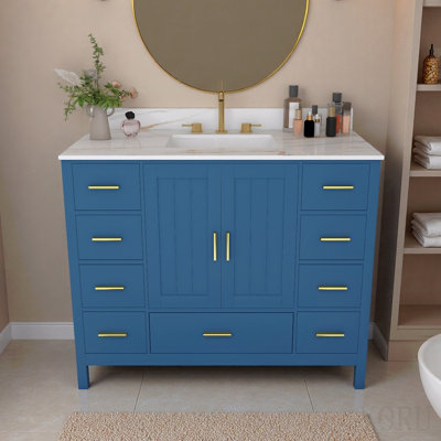 Meuble-lavabo moderne en bois massif de 42 po avec lavabo, comptoir en pierre frittée blanche de Carrare de 43 po avec 3 trous pré-percés pour robinetterie, 2 portes doubles à fermeture douce et 9 tiroirs spacieux avec glissières (bleu)