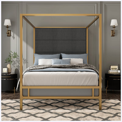 Bed Frame Bed Frame with Upholstered, Metal, Linen Fabric, Modern, Canopy Dark Grey