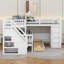 Lit superposé simple au-dessus d'un lit double en L avec bureau, tiroirs et garde-robe-1163365454