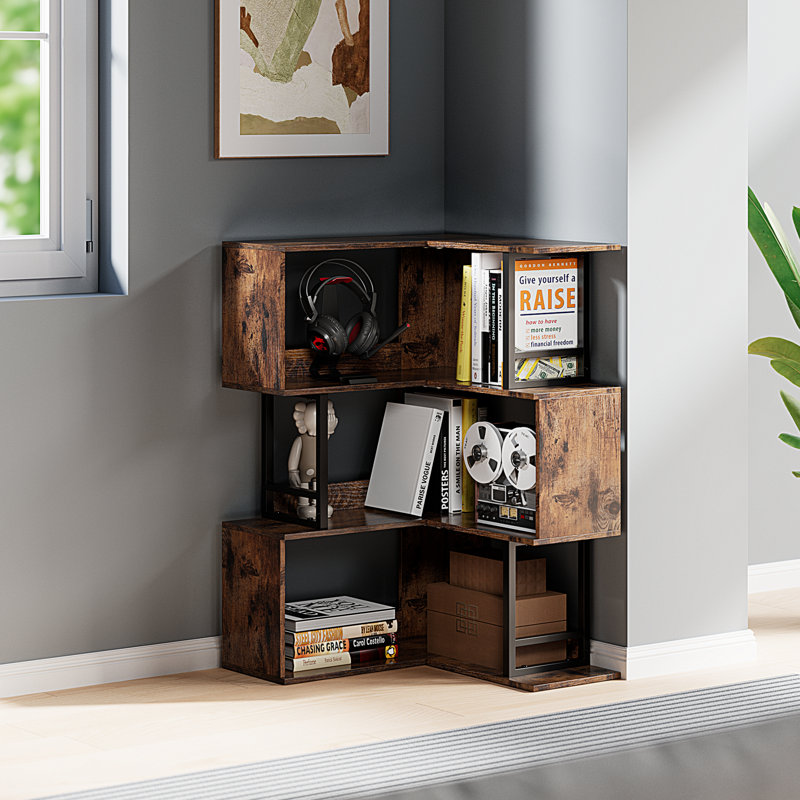 Bibliothèque d'angle, bibliothèque de coin à 4 niveaux, bibliothèque de style Mid-Century avec tablettes de rangement, support de présentation multicouche, pour le bureau à domicile brun