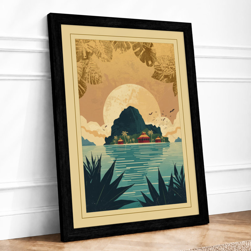 Island Under Moon Japandi - Framed Print, A1 - 84.1 x 59.4 cm, Black