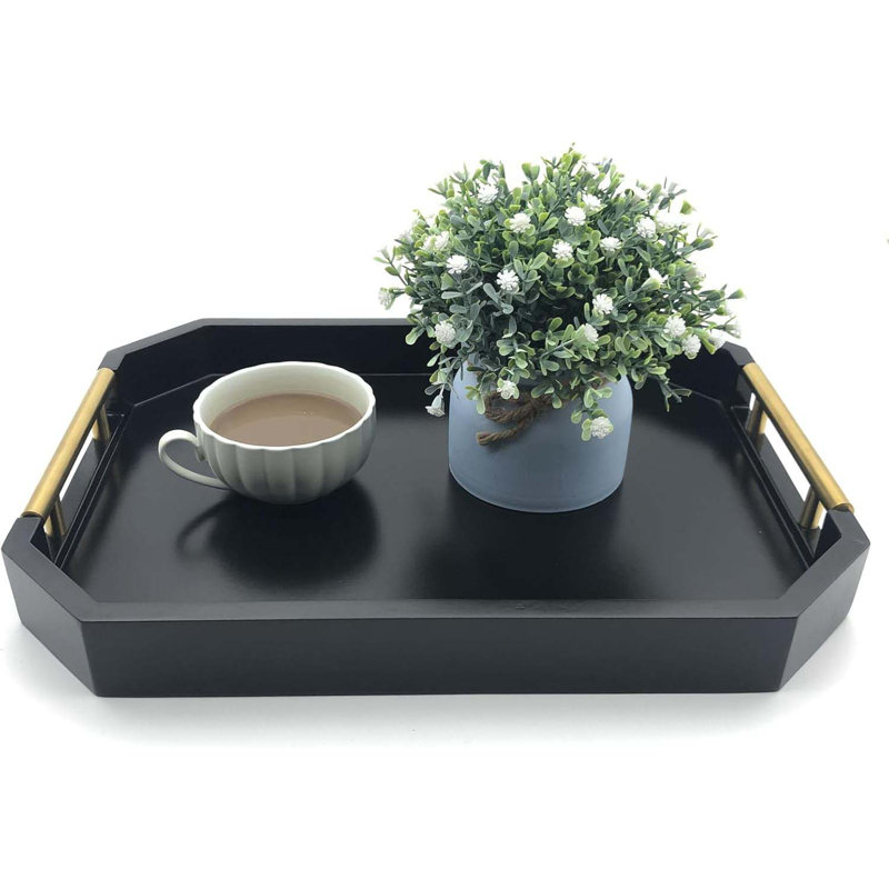 Serving Tray With Polished Metal Handles, Hexagon Coffee Table Tray, Modern Rectangle Decorative Tray, Large Ottoman Tray, Perfect For Storage And Display (Black Rectangle)