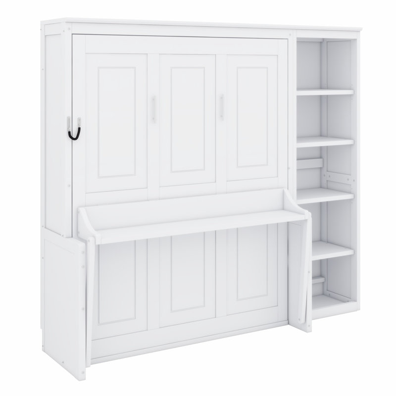 Lit escamotable double avec bureau et bibliothèque, blanc, Blanc