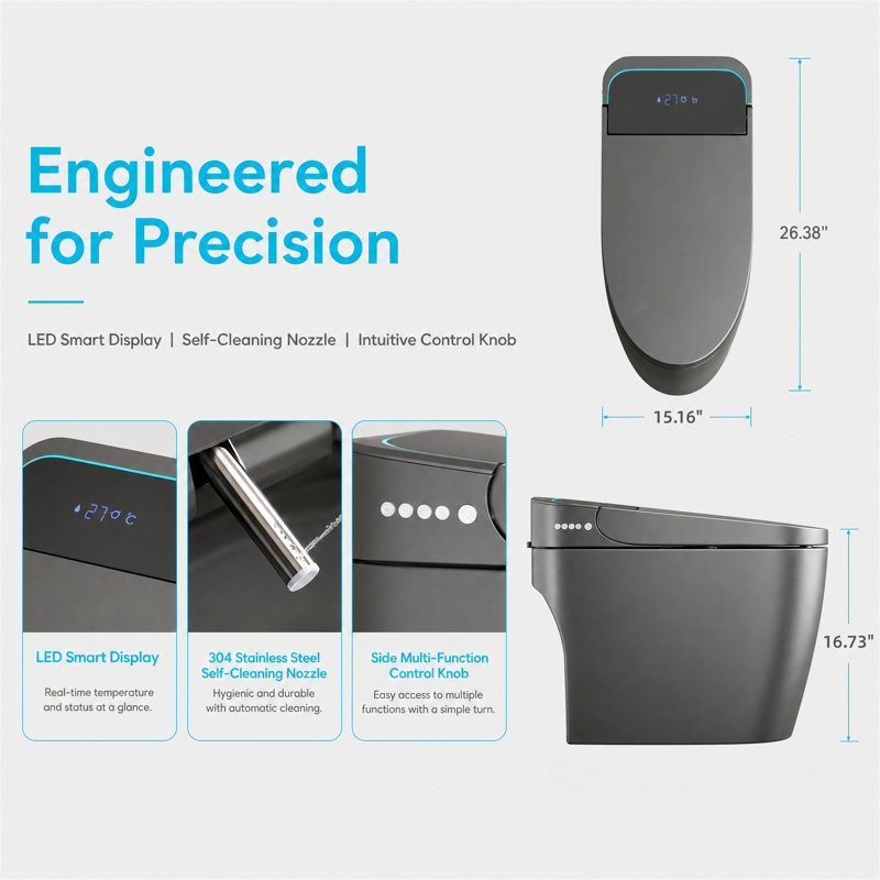 Smart Toilet with Auto Open/Close, Heated Seat, Warm Wash & Dry, Gray