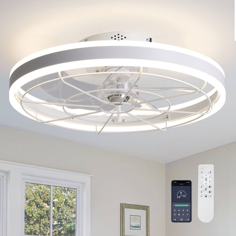 20" White Low Profile Caged Dimmable Ceiling Fan With Led Light Remote And App Control Reversible Dc Motor, White