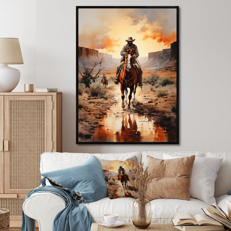 Mabe Cowboy Chassant le coucher du soleil II - Cowboys, art mural, H 32 po x l 24 po x P 1 po, Cadre flottant noir