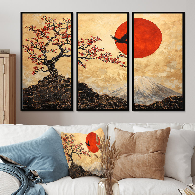 «Éternelle soleil du paysage japonais II», ensemble de reproductions d'art mural paysage japonais, H 28 po x l 36 po, Noir