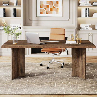 63" Farmhouse Executive Desk – Vintage Wood Computer Workstation With Thickened Tabletop, Large Writing & Conference Table For Home Office Or Study