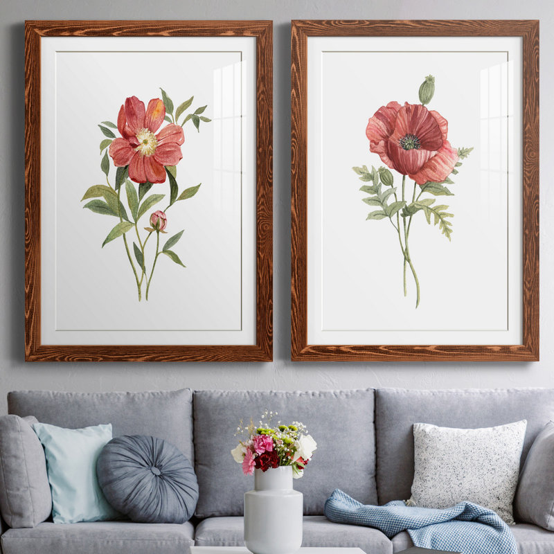 Pivoine écarlate - ensemble de 2 reproductions d'art, Papier avec cadre érable, Blanc, H 37,5 po x l 55 po x P 1,5 po