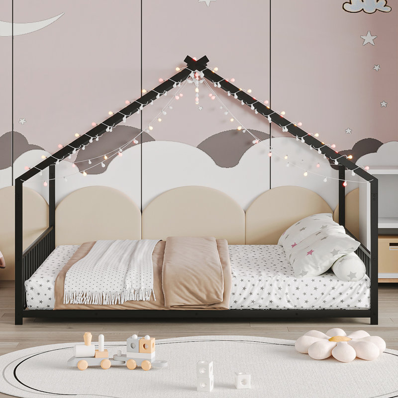 Children's Bed Frame with LED Light Strips, Black, Full / Double