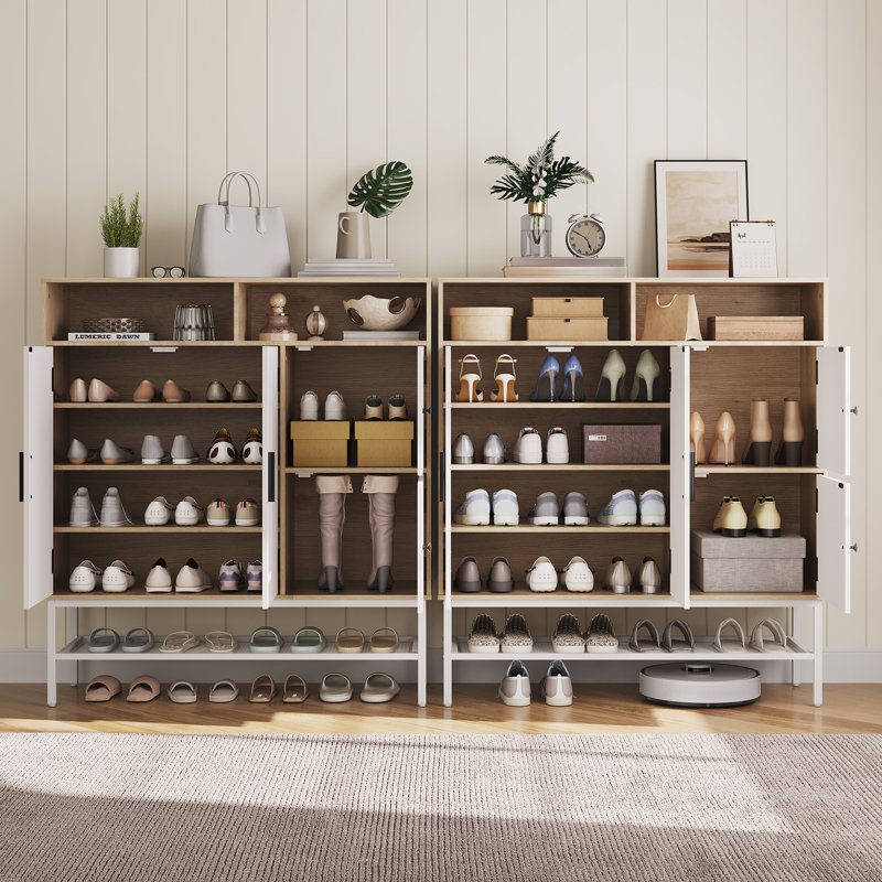 Rangement pour chaussures 4 portes Farmhouse, Bois naturel et blanc