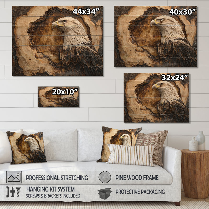 Tête d'aigle sur une glissoire en bois I - Décoration murale animal en bois d'aigle - sur bois de pin naturel