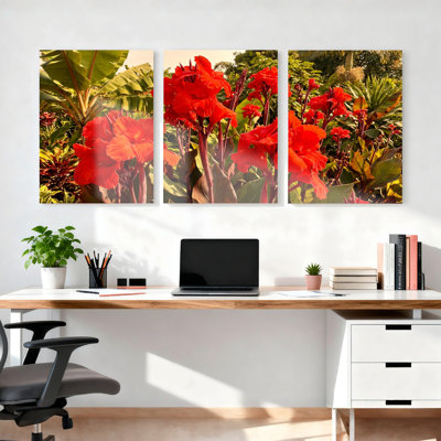 Ensemble de 3 tableaux muraux floraux sur toile, motif cannas rouges