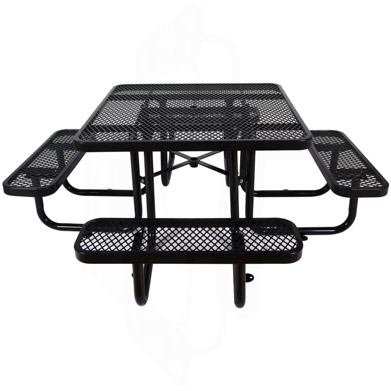 Table de pique-nique carrée d'extérieur en acier de 46 po de diamètre avec mât de parasol, Noir