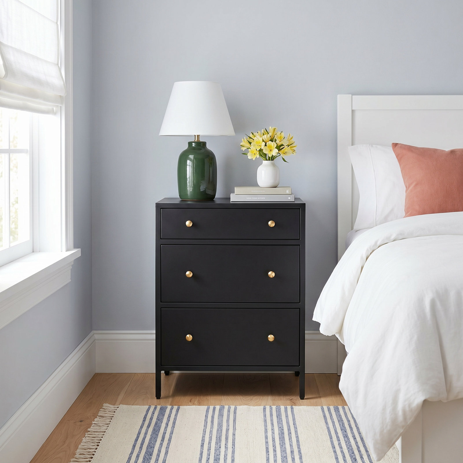 Springer 3 - Drawer Iron Nightstand in Black, Black
