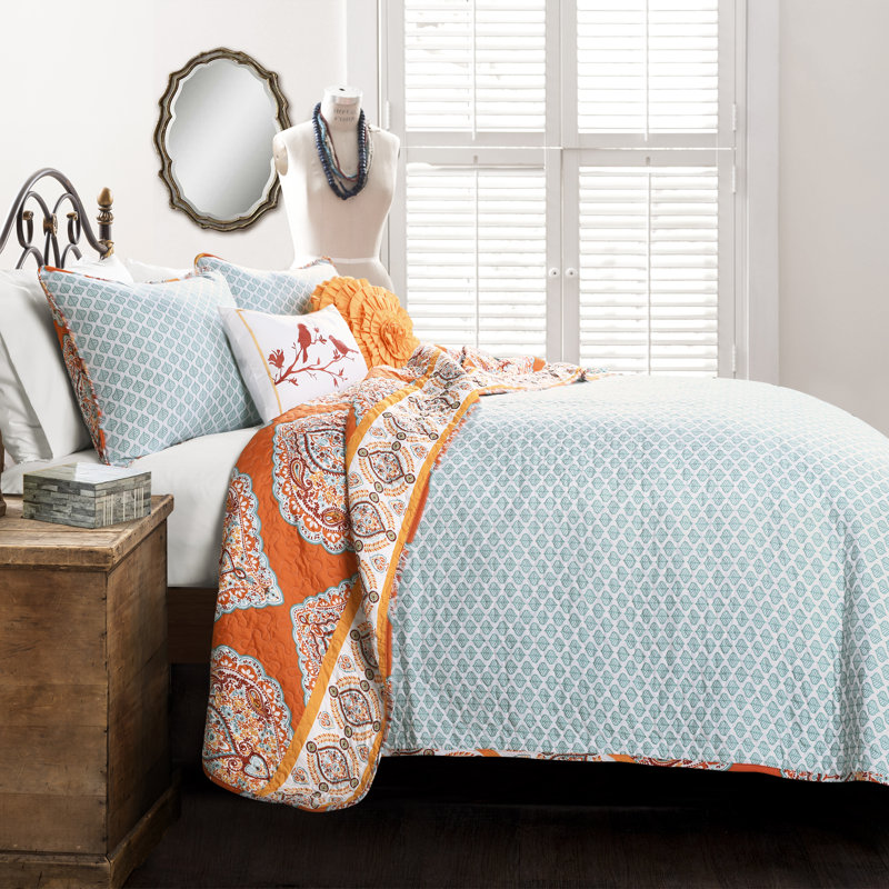 Harley Reversible Blue and Tangerine Microfiber Full Quilt Set