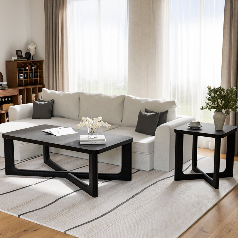 Ensemble de 2 tables de salon en bois massif avec tables de bout et salon, Noir, 2 pièces: table de bout, table de chevet