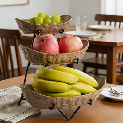 3 Tier Ceramic Fruit Bowl With Metal Stand, Tiered Kitchen Counter Display For Fruits, Vegetables, Desserts, Snacks, And Nuts