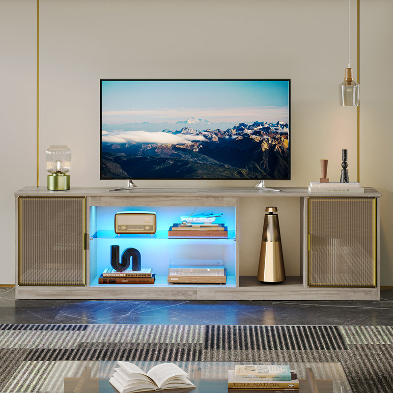 70" Modern Tv Stand For Tvs Up To 80 Inch With Led, Adjustable Shelf & Translucent Doors, Grey