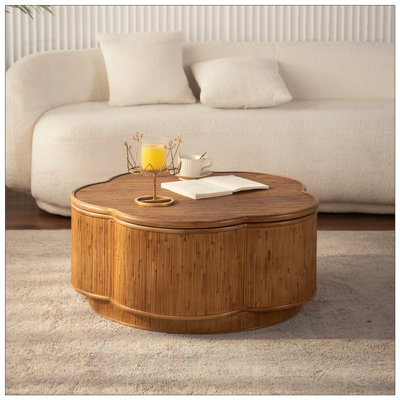 Table basse en rotin en forme de fleur avec rangement amovible, style boho-chic, parfaite pour les salons confortables et les espaces compacts