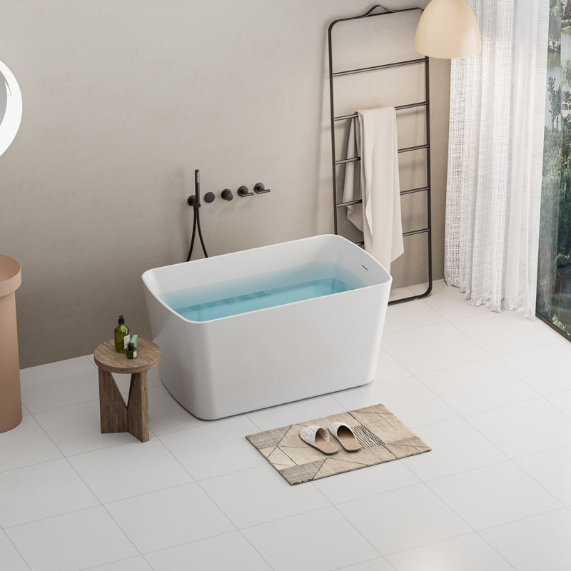 49'' Acrylic Freestanding Soaking Bathtub, Square-Shape Japanese Soaking Hot Tub With Chrome Overflow And Drain, White