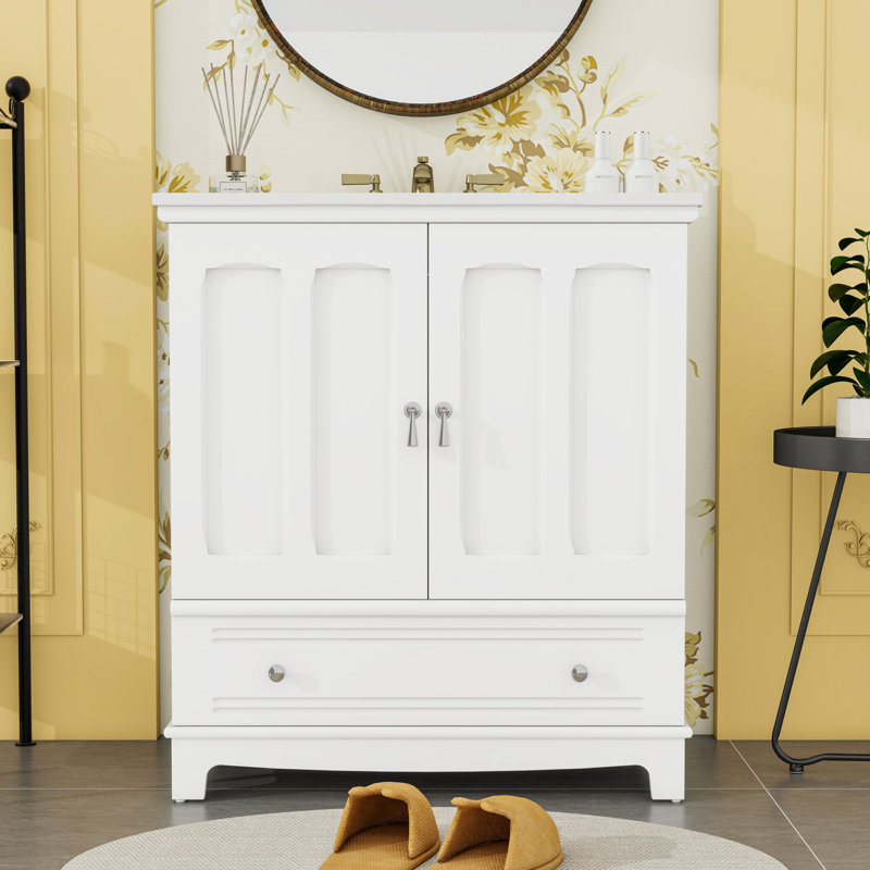 Meuble-lavabo de salle de bain avec lavabo en céramique, tablette réglable et tiroir, Blanc