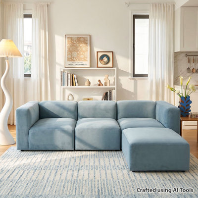 101" Modular L-Shaped Deep Seat Performance Velvet Sectional Sofa with Ottoman, 3-Seater