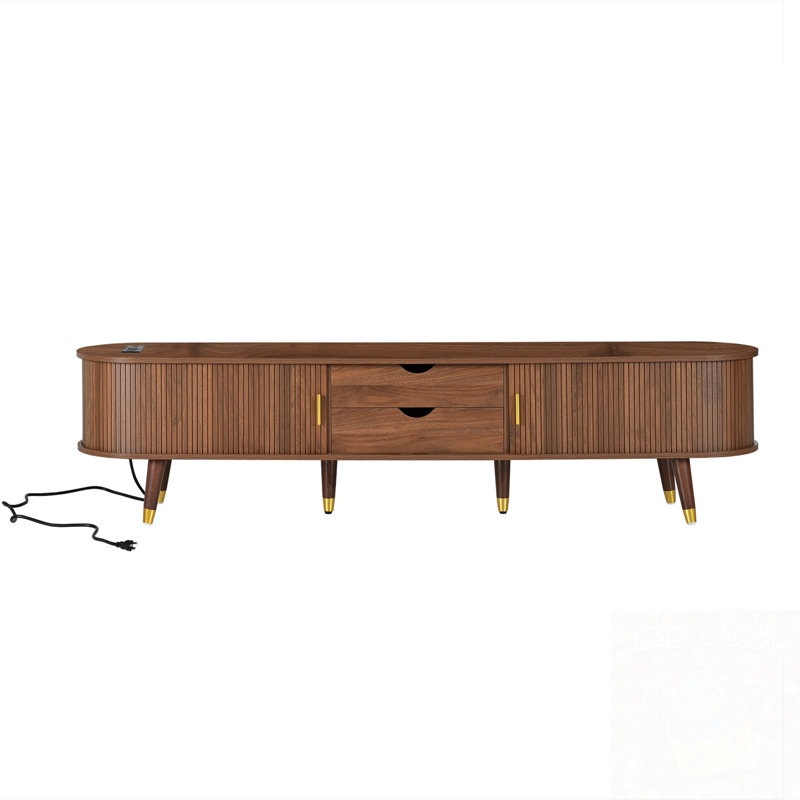 Oval Fluted TV Stand  for TV up to 80",Media Console with Sliding Tambour Door, Walnut
