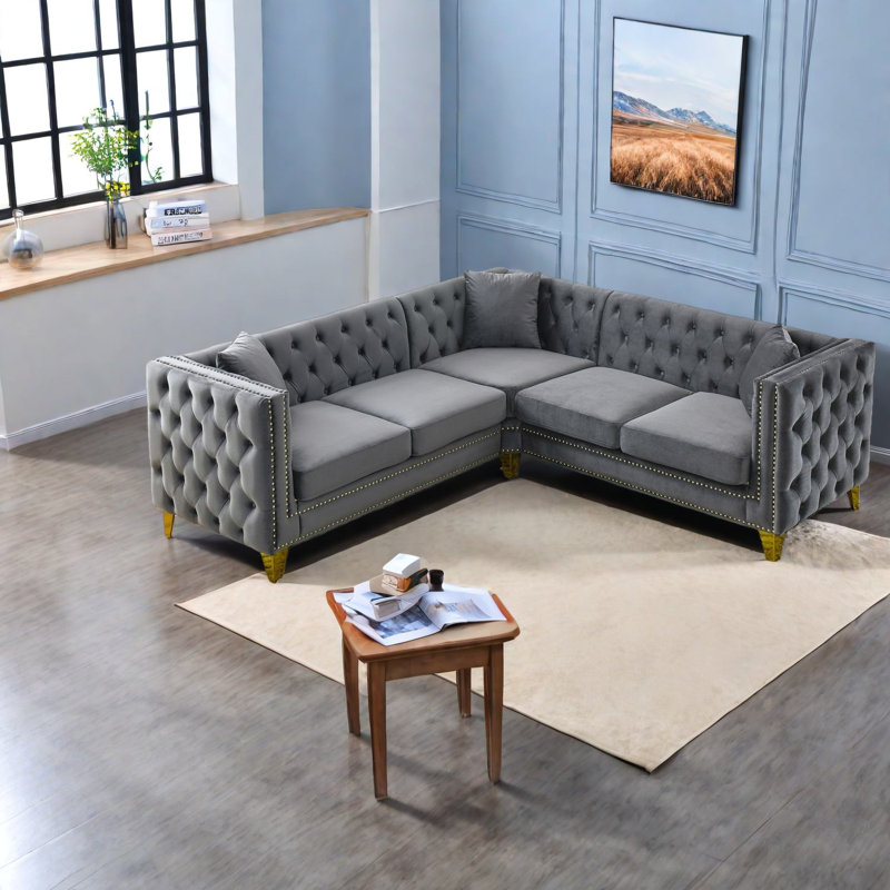 Canapé modulaire spacieux en velours gris style Chesterfield de 82,2 pouces pour la maison