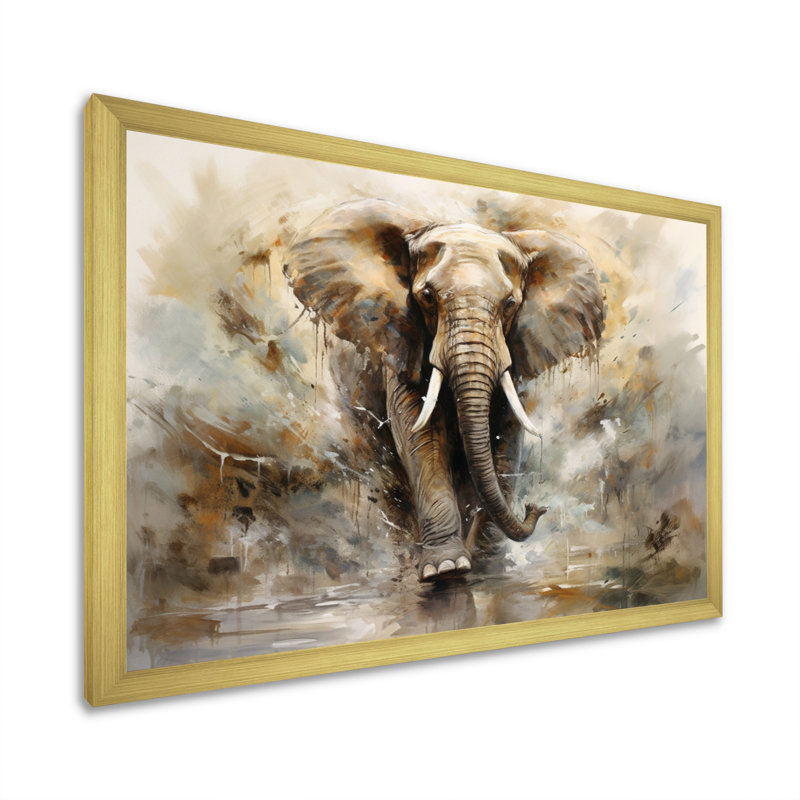 Minimalisme éléphant Grace II - impressions sur toile éléphant, H 16 po x l 32 po x P 1 po, Cadre photo unique, Doré