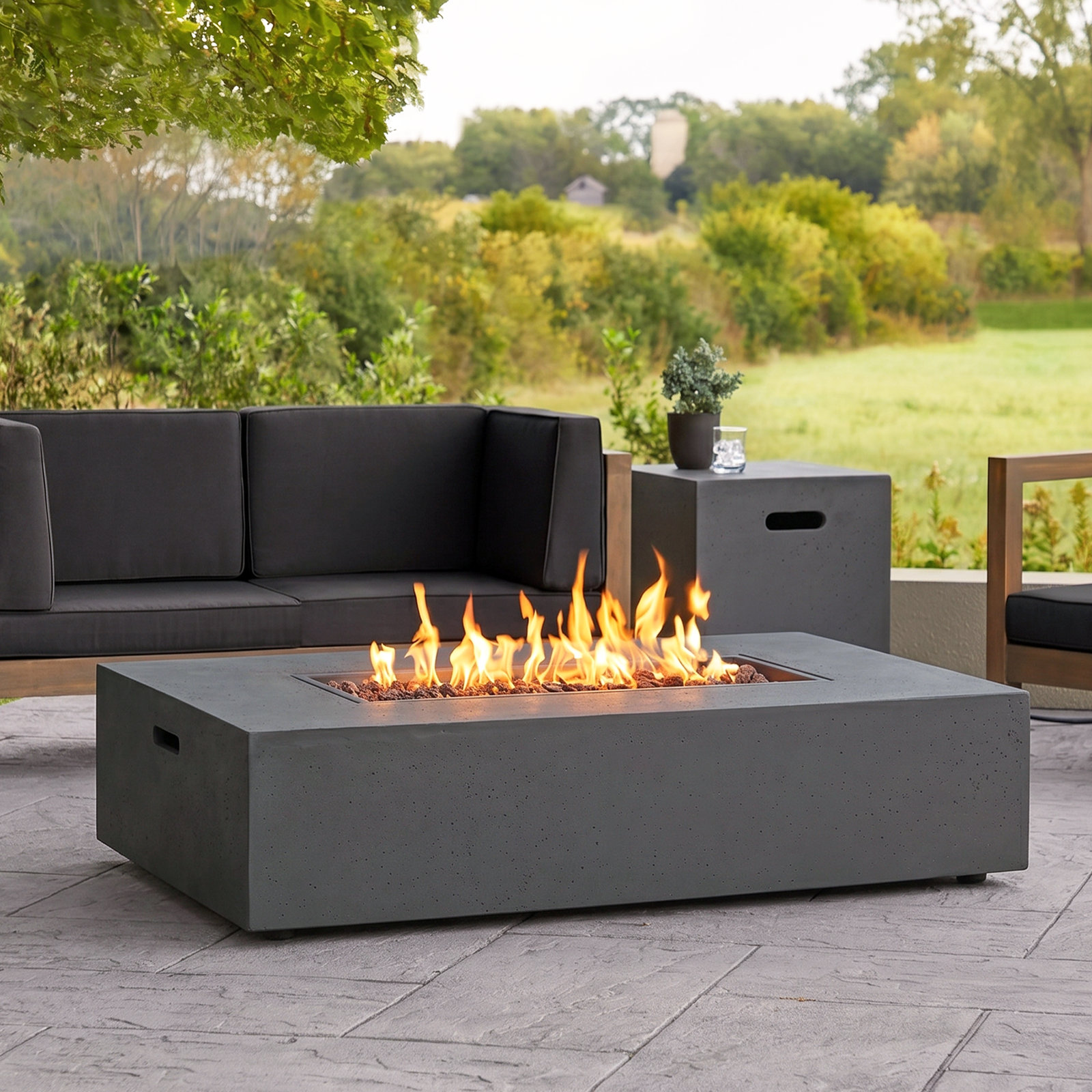 Belle Concrete Rectangle Fire Pit Table, Dark Gray