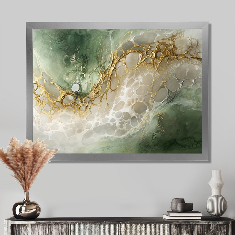 Éphémère, chemin émeraude vers la pierre précieuse I - art mural en marbre, H 12 po x l 20 po, Cadre flottant, Argent argent