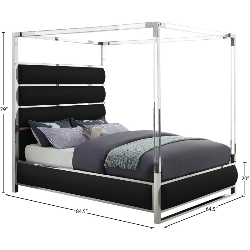 Encore Upholstered Low Profile Canopy Bed, Black Vegan Leather, Queen