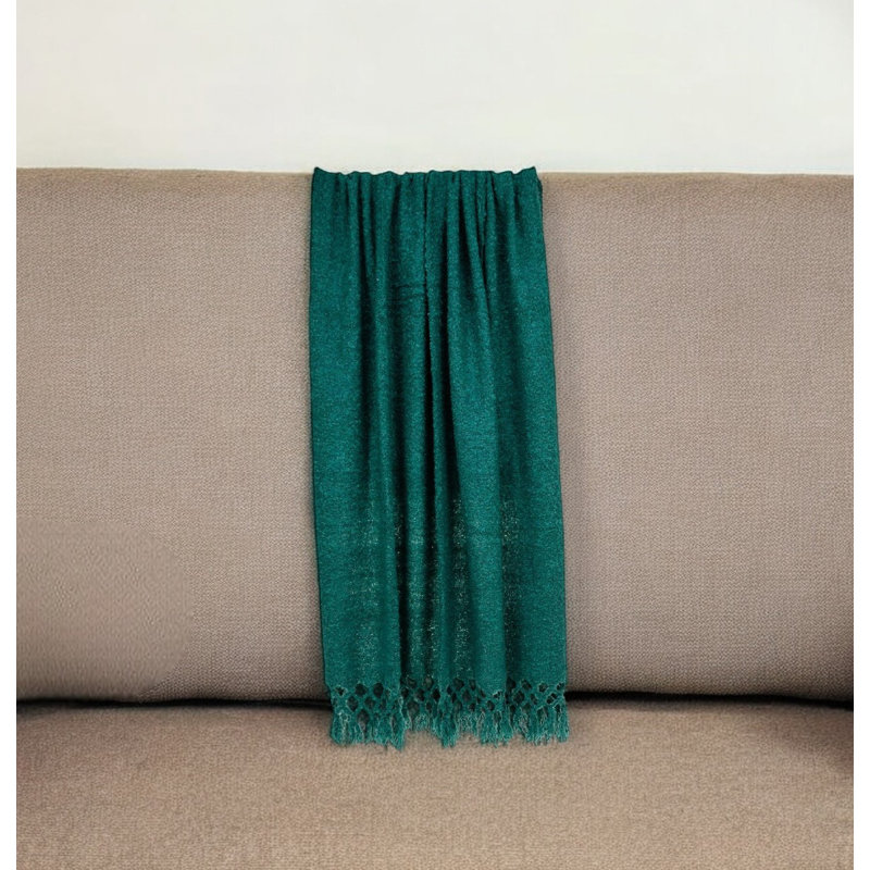 52" X 67" Green Woven Wool Throw Blanket with Fringe