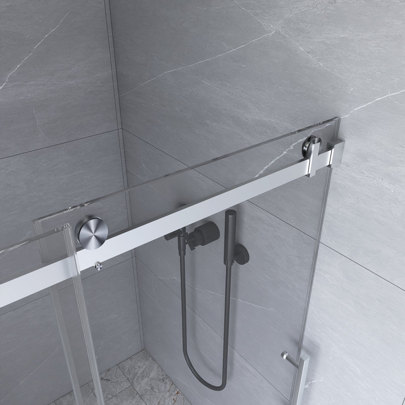 76" Frameless Clear Glass Sliding Shower Door with Brushed Nickel Hardware