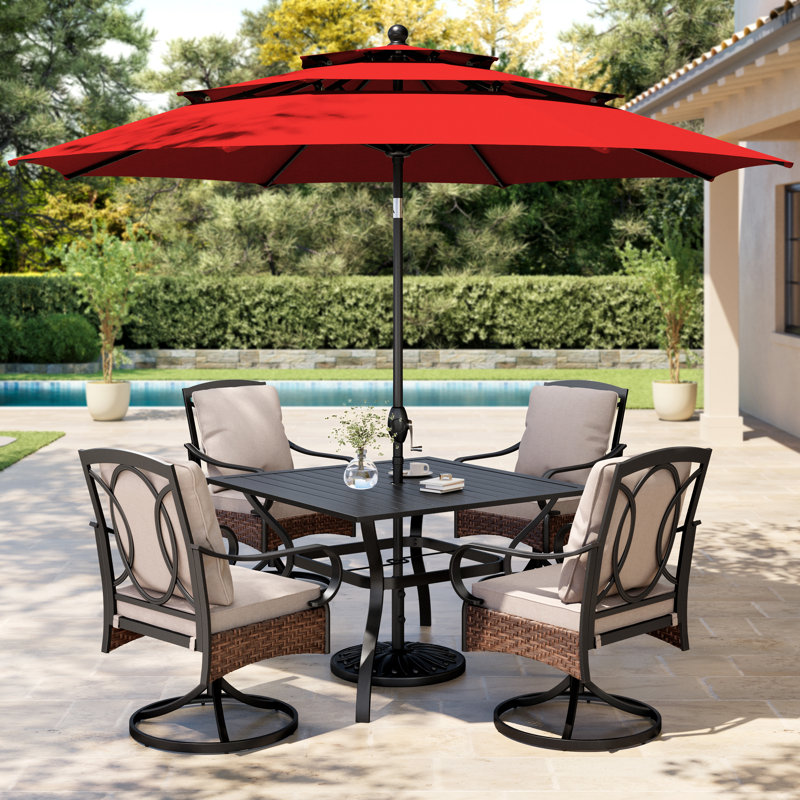 Ensemble de salle à manger pour 4 personnes 37 "avec coussins et parasol Leonard Square, Rouge