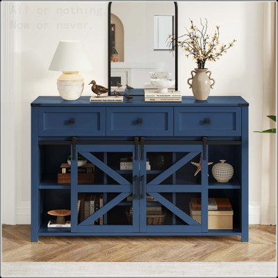 Sliding Barn Door Sideboard with Metal Mesh and Adjustable Shelves
