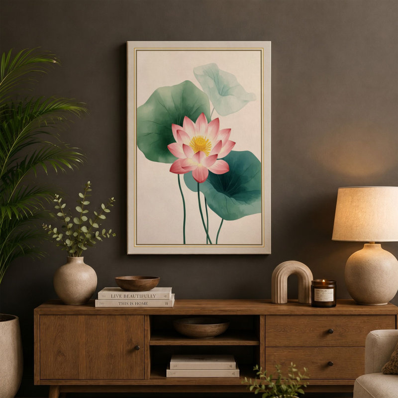 Lotus in Bloom Botanical - Wrapped Canvas, 18x12 - 45.7 x 30.5 cm, Taupe Border