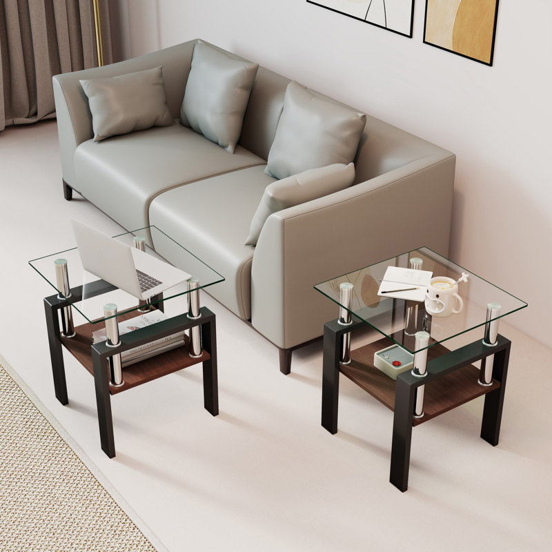 Ensemble de 2 tables à thé modernes en verre trempé (table incluse seulement), Noir