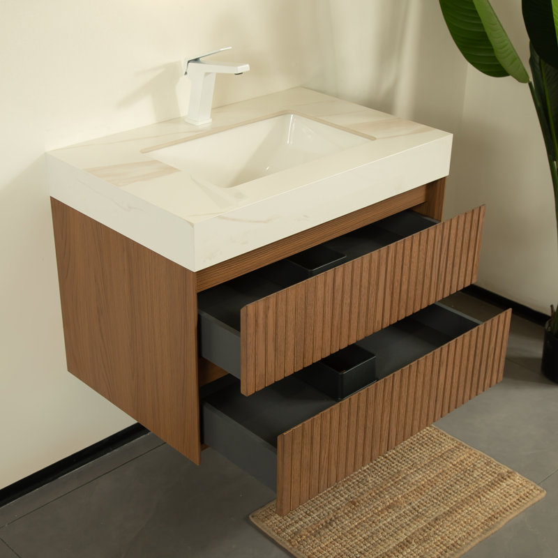 Meuble-lavabo mural de 30 po avec plateau en pierre frittée Calacatta Gold, tiroirs à rayures en bois massif et lavabo encastré, armoire de contreplaqué espresso pré-assemblée
