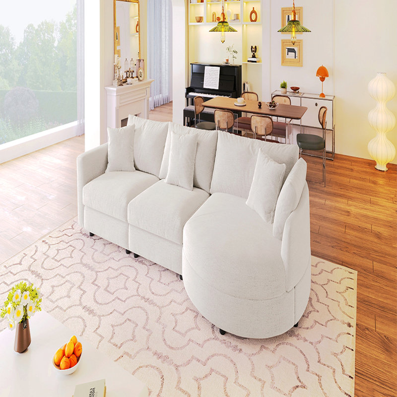 105" Chenille Fabric 3-Piece Sectional Sofa With Curved Chaise And 3 Throw Pillows, Beige